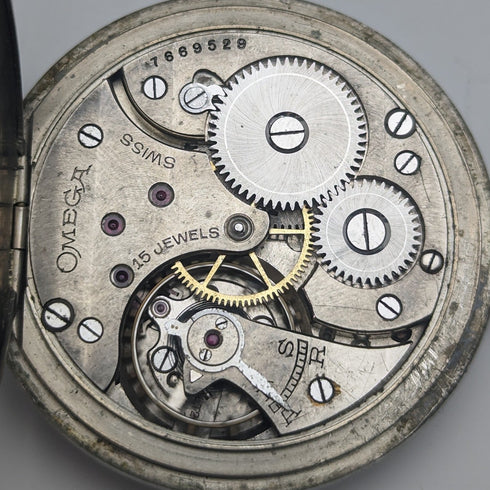 Around 1920 Antique Omega pocket watch silver plated open face with translation